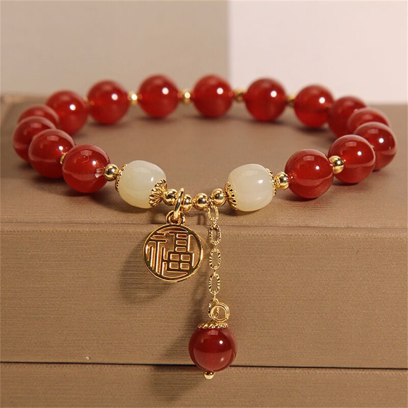 Popular Style Zodiac Year Blessing Bracelet, Retro Chinese Style Red Agate Color Fortune Charm Bracelet, Wholesale
