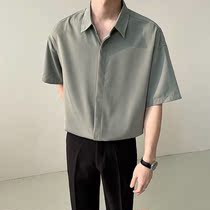 Summer Loose Ice Silk Shirt Man Light Cooked Wind Casual Dark Buttoned Short Sleeve Inch of High Sensation Brief about 100 Lap Shirt Tide