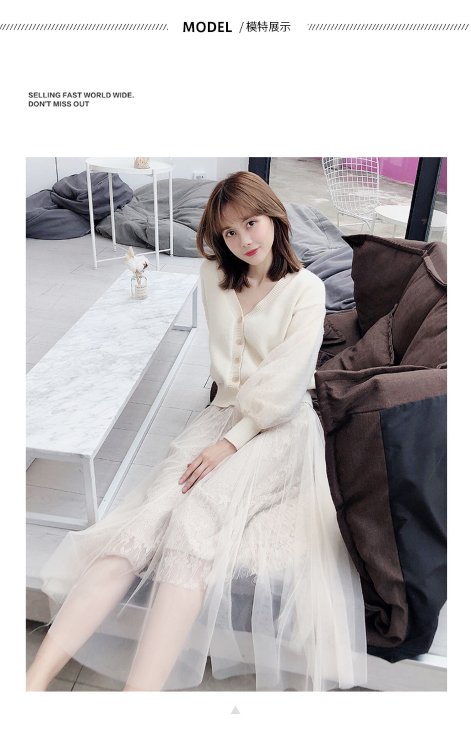 LB snidel19 ngày xuân ngọt ngào organza đổ xô khâu áo len dài tay áo len cổ chữ V - Đan Cardigan áo kiểu trung niên