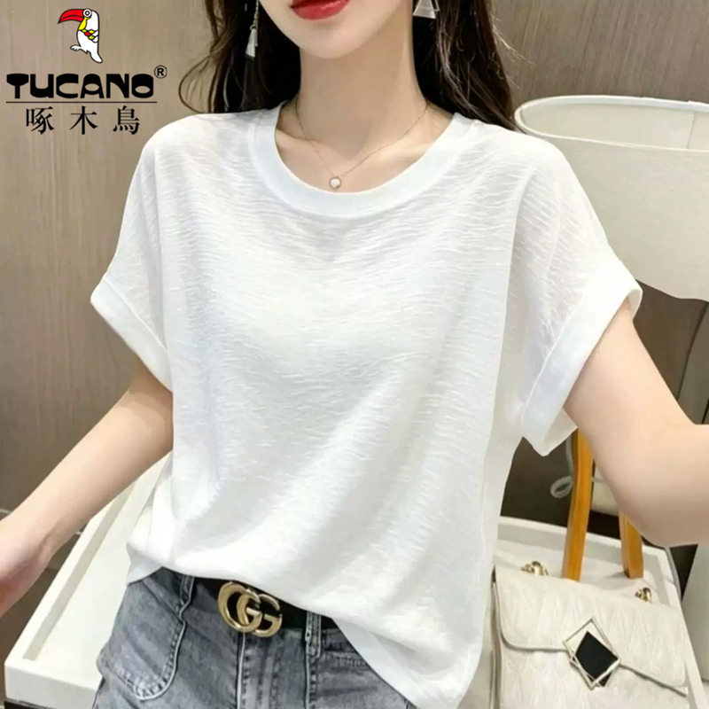 Woodpecker Fashion Simple Bamboo Cotton Thin Breathable T-Shirt for Women 2026 Model Plus Size Slimming Round Neck Short Sleeve Woodpecker Fashion Simple Bamboo Cotton Thin Breathable T-Shirt for Women 2026 Model Plus Size Slimming Round Neck Short Sleeve