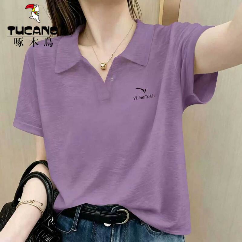 Woodpecker Polo Collar Purple Short-Sleeved T-Shirt for Women, Summer Bamboo Cotton Print, High-End Designer Oversized Regular Shoulder Top Woodpecker Polo Collar Purple Short-Sleeved T-Shirt for Women, Summer Bamboo Cotton Print, High-End Designer Oversized Regular Shoulder Top