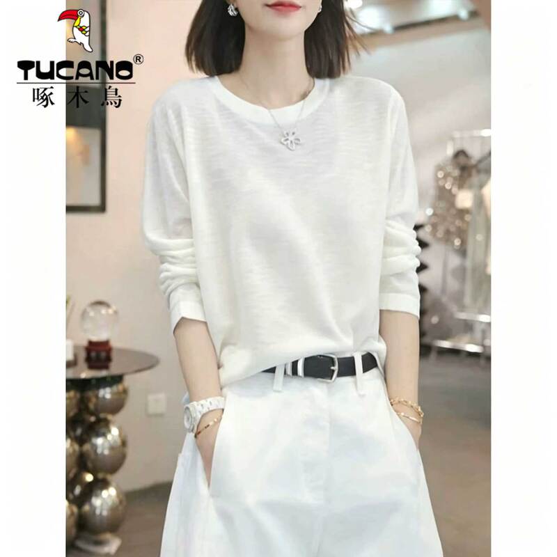 Woodpecker Genuine Autumn New Long-Sleeve T-Shirt for Women, Thin and Simple Trendy Top with 2026 Round Neck Design Woodpecker Genuine Autumn New Long-Sleeve T-Shirt for Women, Thin and Simple Trendy Top with 2026 Round Neck Design