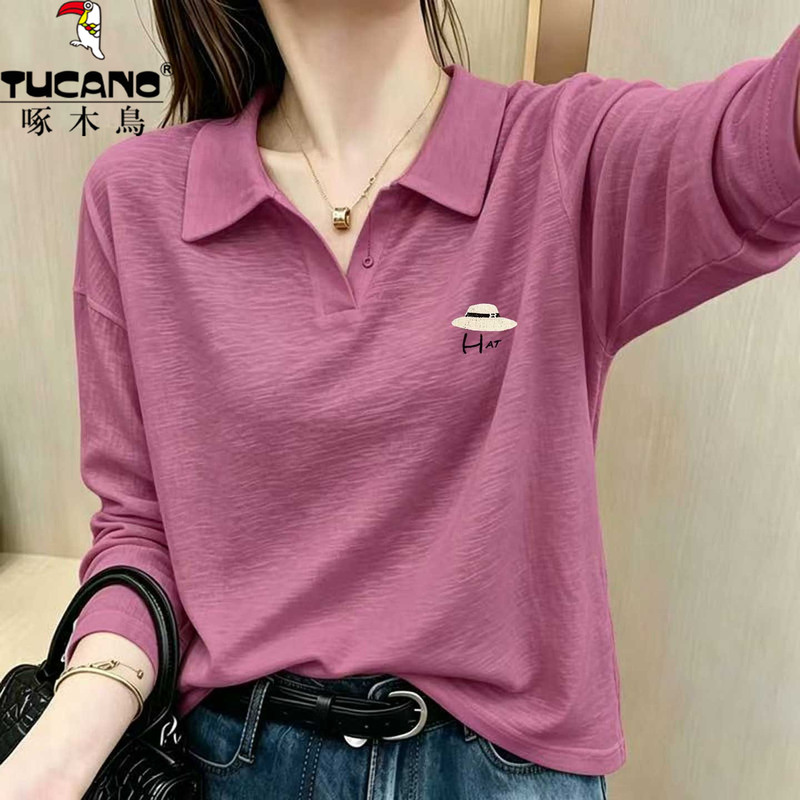 Woodpecker Bamboo Cotton Rose Pink Polo Collar Long Sleeve T-Shirt for Women 2026 New Loose Fit Inner Layer Top Woodpecker Bamboo Cotton Rose Pink Polo Collar Long Sleeve T-Shirt for Women 2026 New Loose Fit Inner Layer Top