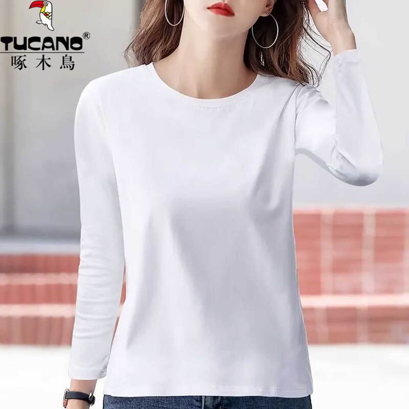 Woodpecker White Long-Sleeved Bottoming Shirt Women's T-Shirt Loose-Fitting Stylish Korean Style 2026 Spring & Fall New Cotton Top Woodpecker White Long-Sleeved Bottoming Shirt Women's T-Shirt Loose-Fitting Stylish Korean Style 2026 Spring & Fall New Cotton Top