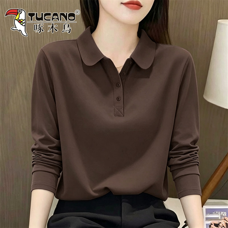 Woodpecker Coffee-Colored New Stylish Turn-Down Collar Youthful Mom-Style Top Autumn Casual Fashion Commuter Long-Sleeve T-Shirt Woodpecker Coffee-Colored New Stylish Turn-Down Collar Youthful Mom-Style Top Autumn Casual Fashion Commuter Long-Sleeve T-Shirt