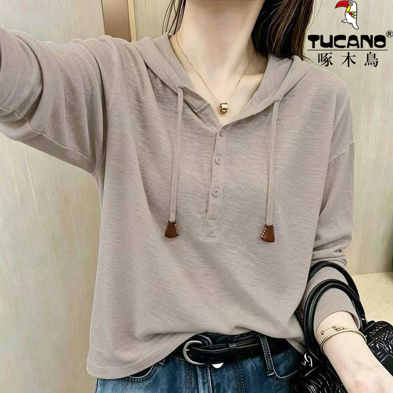 Woodpecker European-Style Coffee-Colored Bamboo Cotton Long-Sleeve T-Shirt for Women, 2026 Autumn New Style, Loose and Slimming, Hooded Inner Top Woodpecker European-Style Coffee-Colored Bamboo Cotton Long-Sleeve T-Shirt for Women, 2026 Autumn New Style, Loose and Slimming, Hooded Inner Top