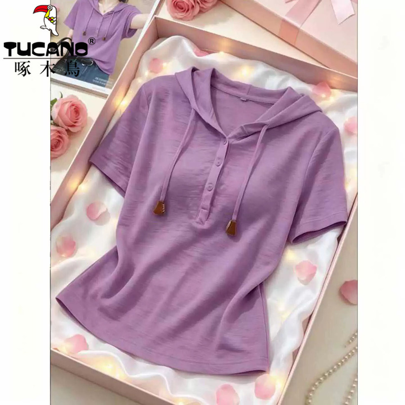 Woodpecker Loose Bamboo Cotton Hooded Short-Sleeve T-Shirt Women's 2026 Summer Fashionable and Slimming Top Hoodie