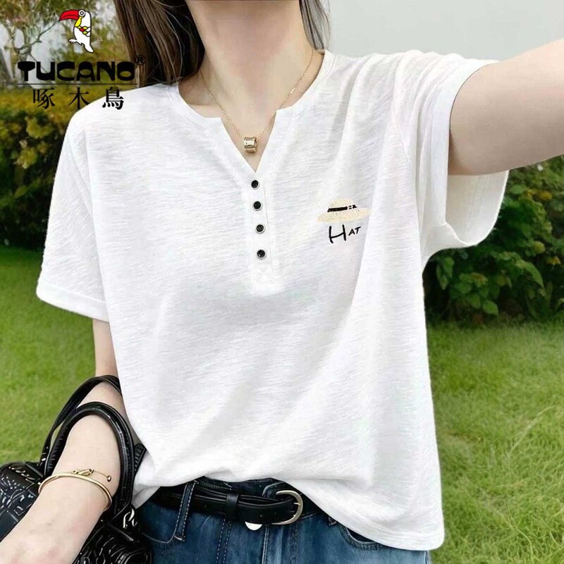 Woodpecker Button V-Neck Regular Shoulder Short-Sleeve Slub Cotton T-Shirt for Women 2026 New Summer Loose Slimming White Top