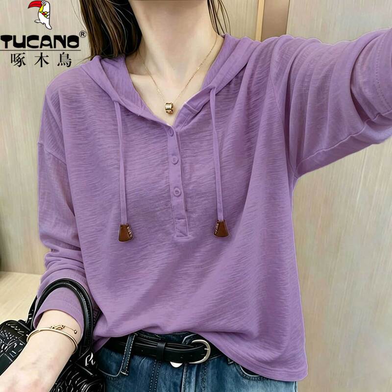 Woodpecker Bamboo Cotton Hooded Long-Sleeve T-Shirt for Women, Autumn 2026 New European Style, Plus Size, High-End Light Luxury Top