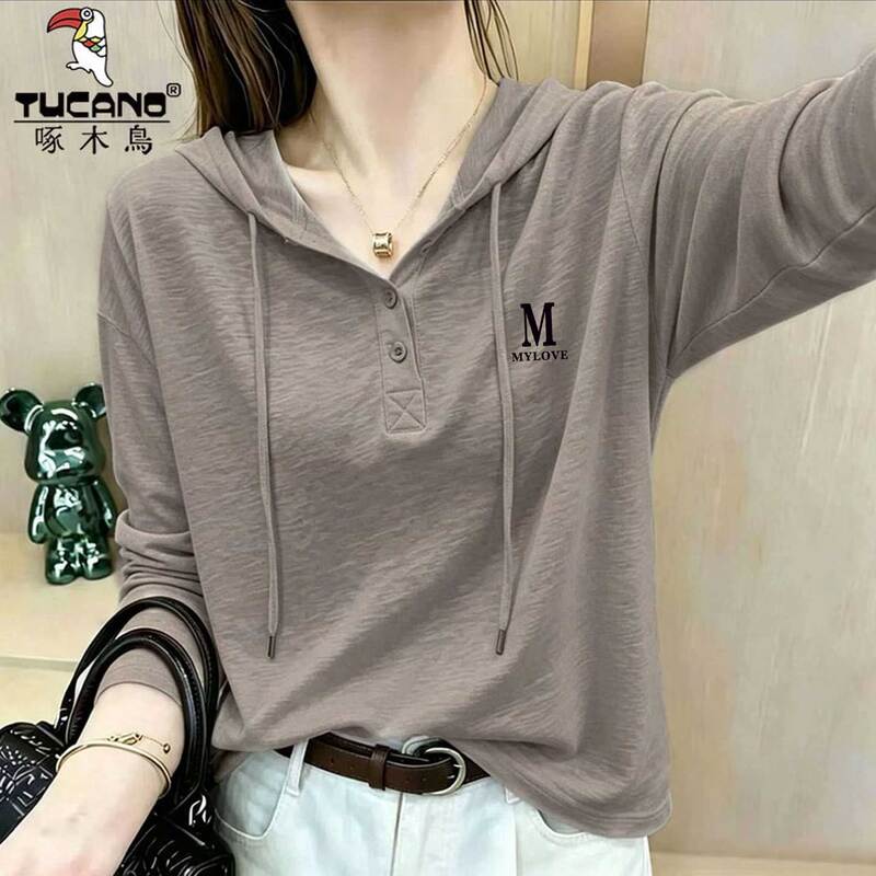 Woodpecker Spring and Autumn Thin Hooded Sweatshirt for Women, Bamboo Cotton Long-Sleeve T-Shirt, Hoodie, Base Layer Top for Moms