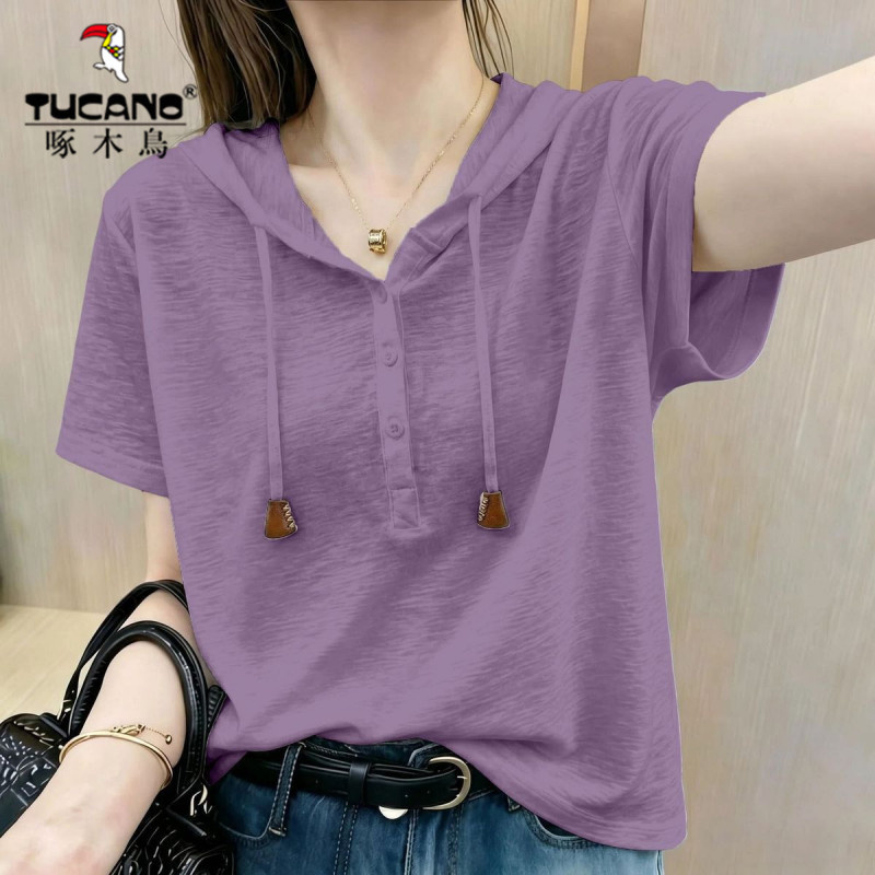 Woodpecker Bamboo Cotton Hooded Women's T-Shirt Short Sleeve Summer New Korean Style Elegant Slimming Half-Sleeve Casual Hoodie