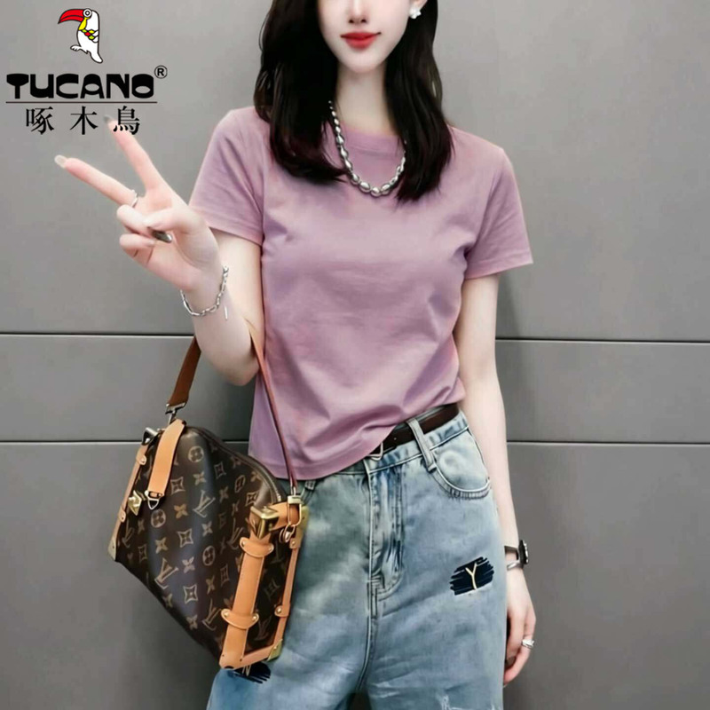 Woodpecker Brand Light Purple Round Neck Short-Sleeve T-Shirt, Summer Style, Versatile, Loose Fit, Slimming, Age-Reducing Top