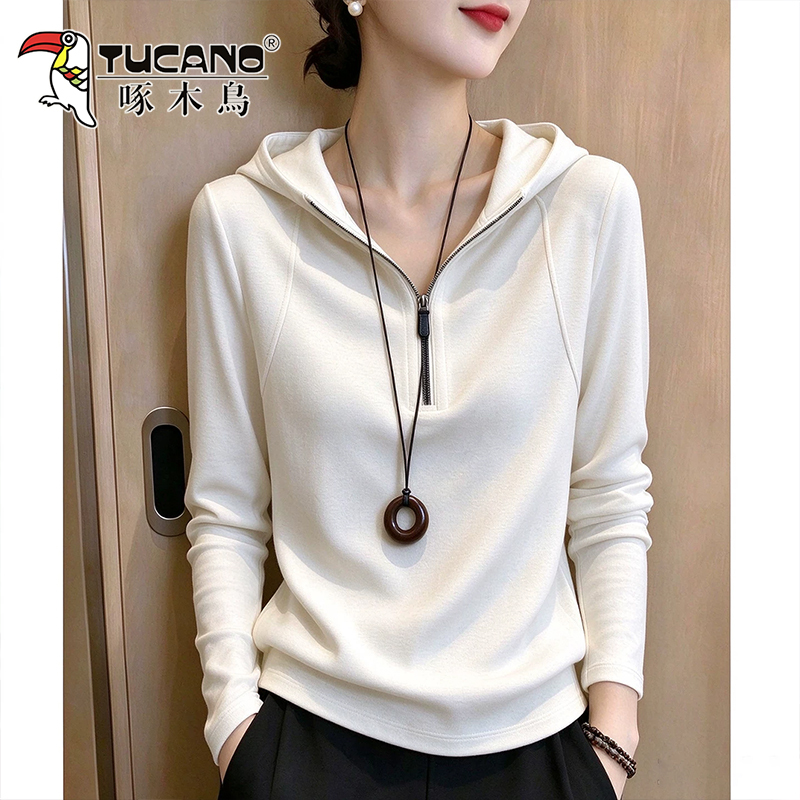 Woodpecker European-Style Fashionable German Velvet Half-Zip Hooded Sweatshirt for Women, 2026 Autumn Loose Versatile Base Shirt Top