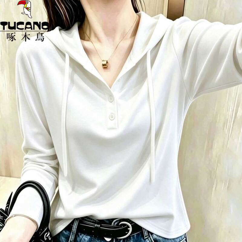 Woodpecker 2026 Autumn Hooded Button-Down Long Sleeve Top for Women, Stylish, Age-Reducing, Casual, Plus Size, Versatile Women's Clothing