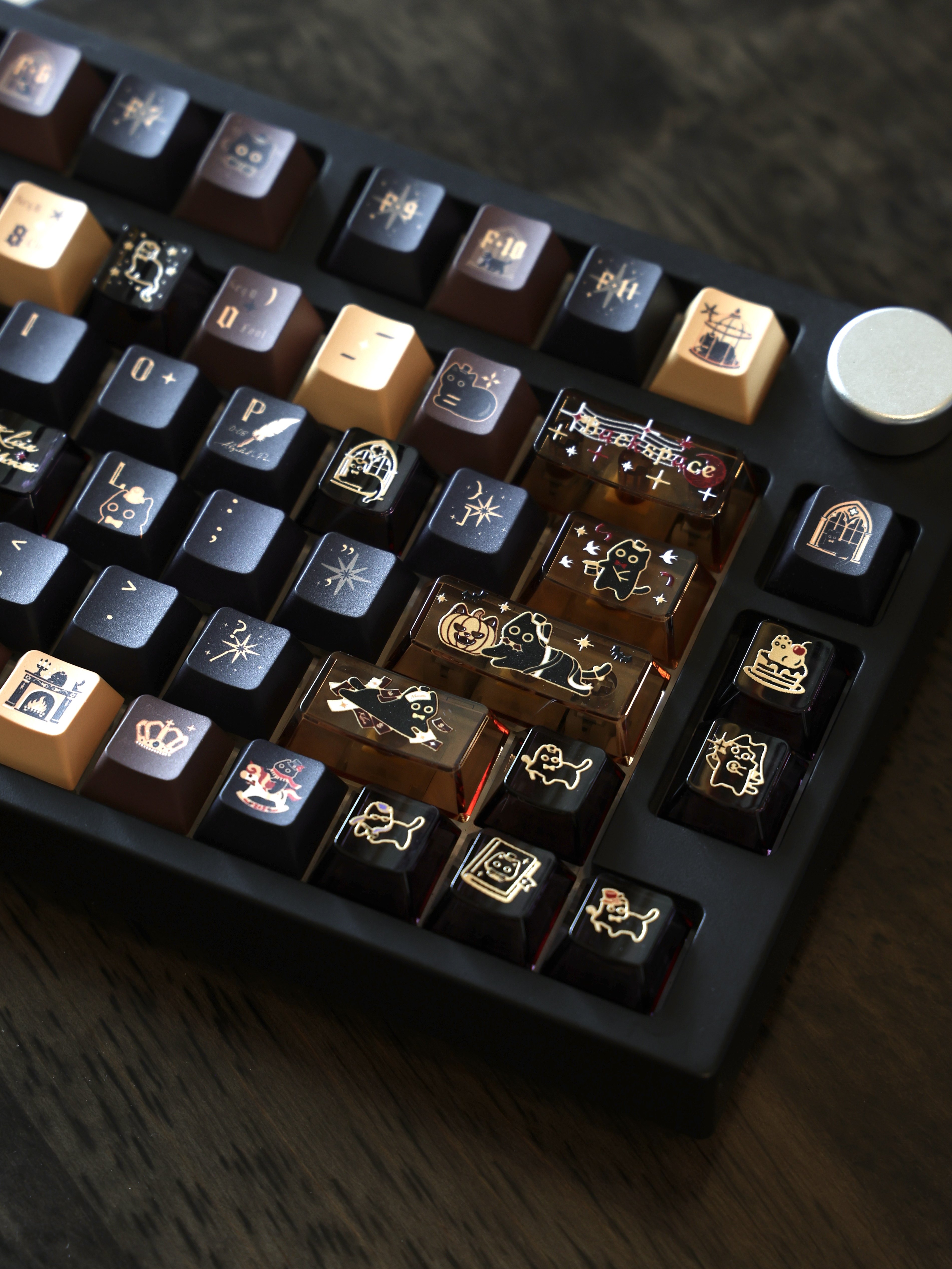 Close-up of dark and amber transparent cat keycaps