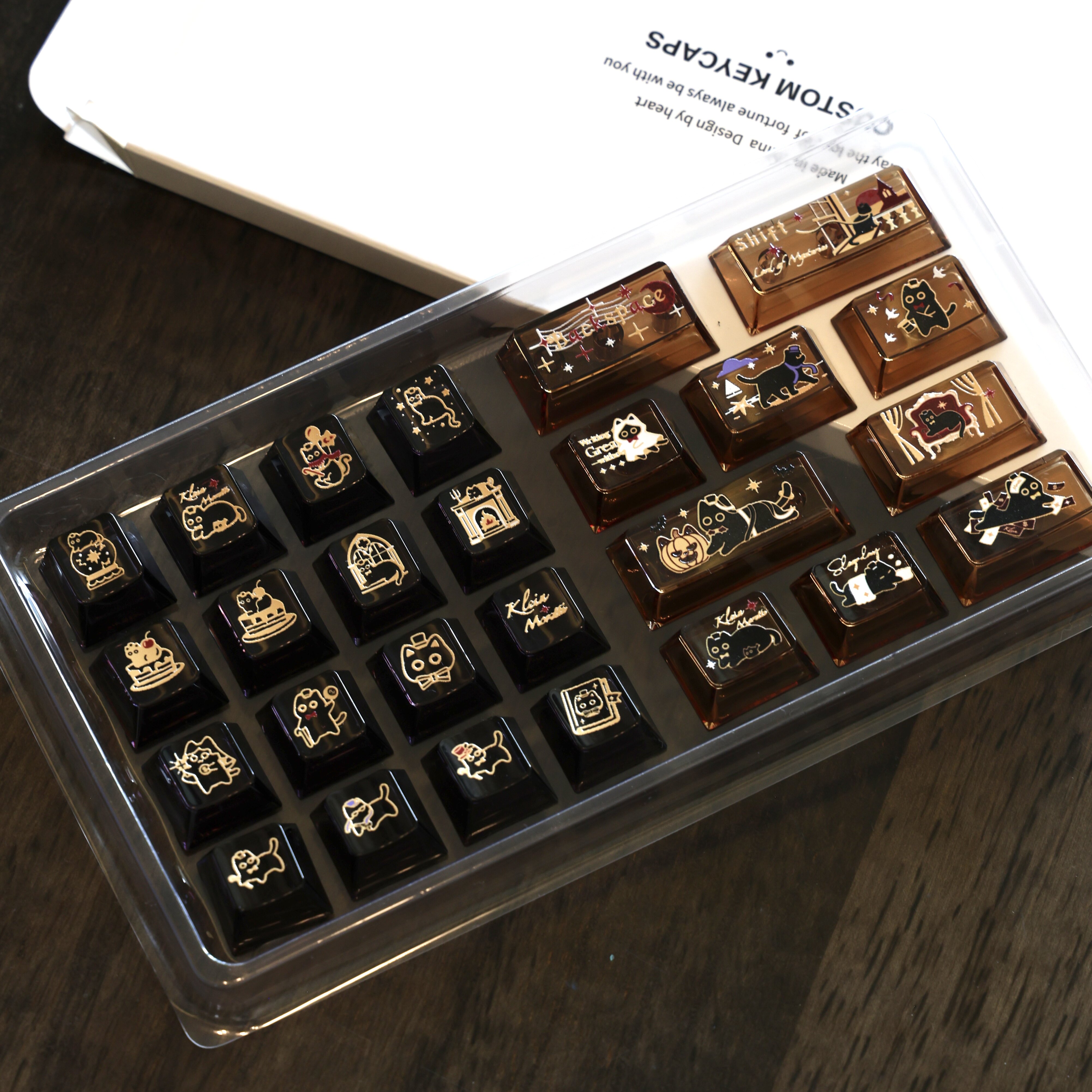 Cat-themed transparent PC keycaps shown on a mechanical keyboard