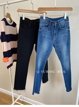 Mini Yang with elastic soft irregular bevel burr slightly pull 9 points jeans female star spring and autumn 9505