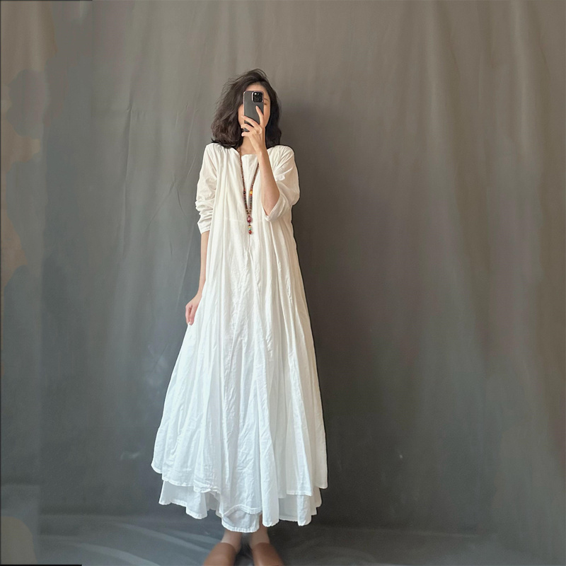 Black and White Minimalist Style Round Neck Pullover Long Sleeve Long Dress Loose Forest Style Extended Thin Cotton Double-Layer Long Dress Robe