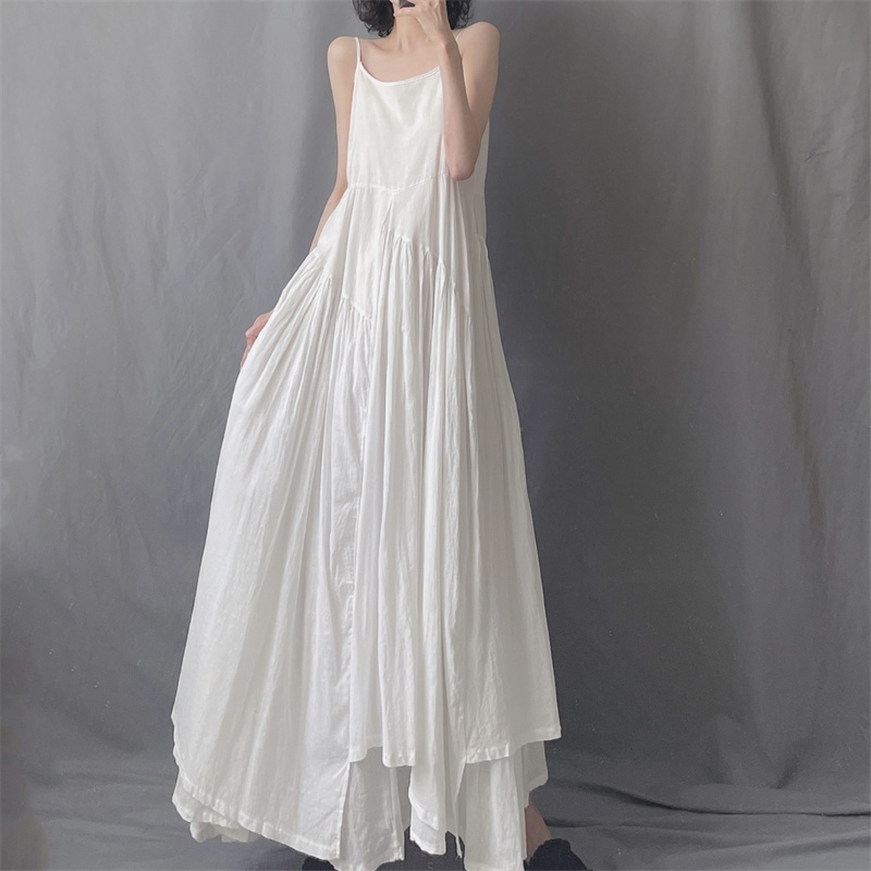 【Mint】Black and White Extra-Long Irregular Flared Slip Dress, Artistic and Fresh Spring/Summer Style, Elegant Long Dress