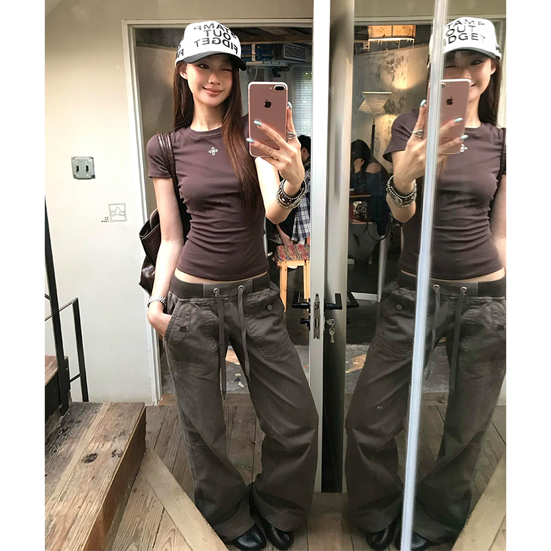 Shvfleur【Same Style as Qiqi】Invincible Fit｜Washed Gray Cargo Pants for Women｜Drawstring Street Style with a Cool Vibe
