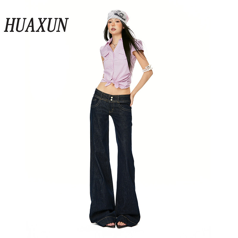 HUAXUN-原牛~深蓝色低腰微喇牛仔裤女小个子双扣不贴腿直筒拖地裤