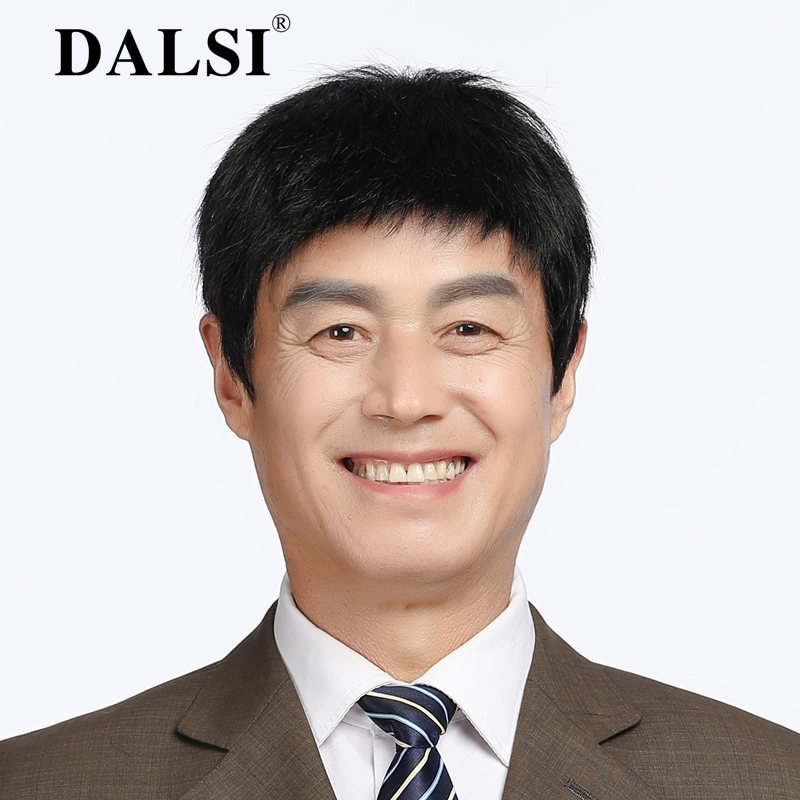 Wig Korean version handsome male short hair Middle-aged men's wig real hair short straight hair Inch head flat head short hair wig set