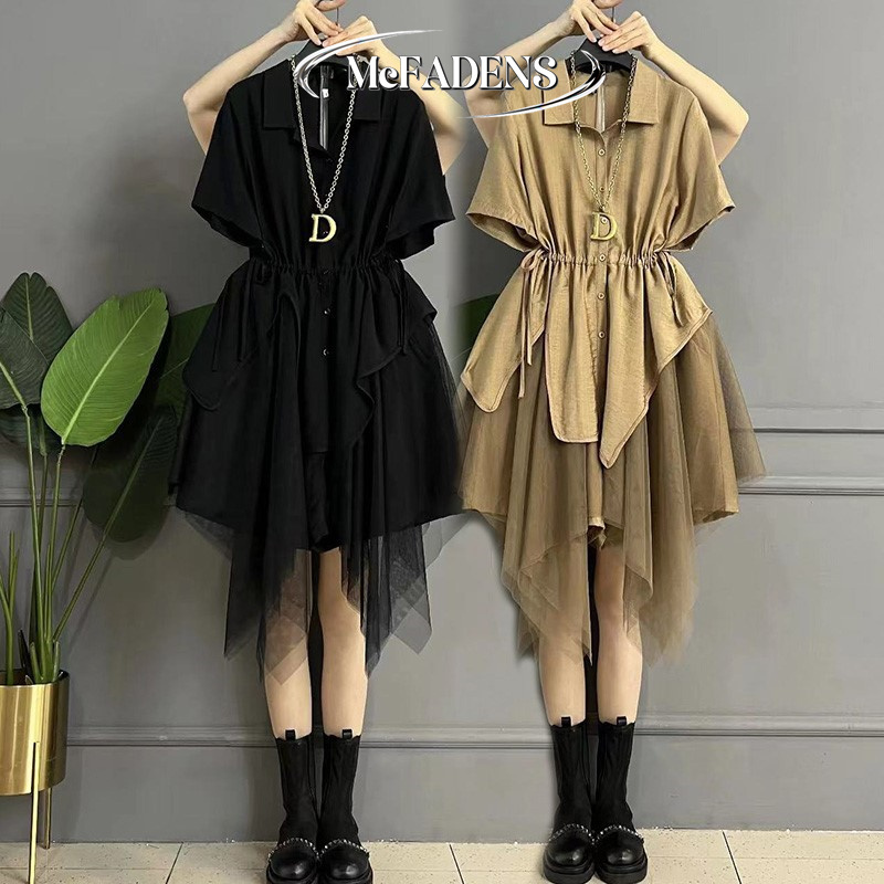 Hong Kong Plus-Size Fashion Irregular Design Slimming Shirt Dress High-End Large Size Mesh Splicing Short-Sleeve Dress
