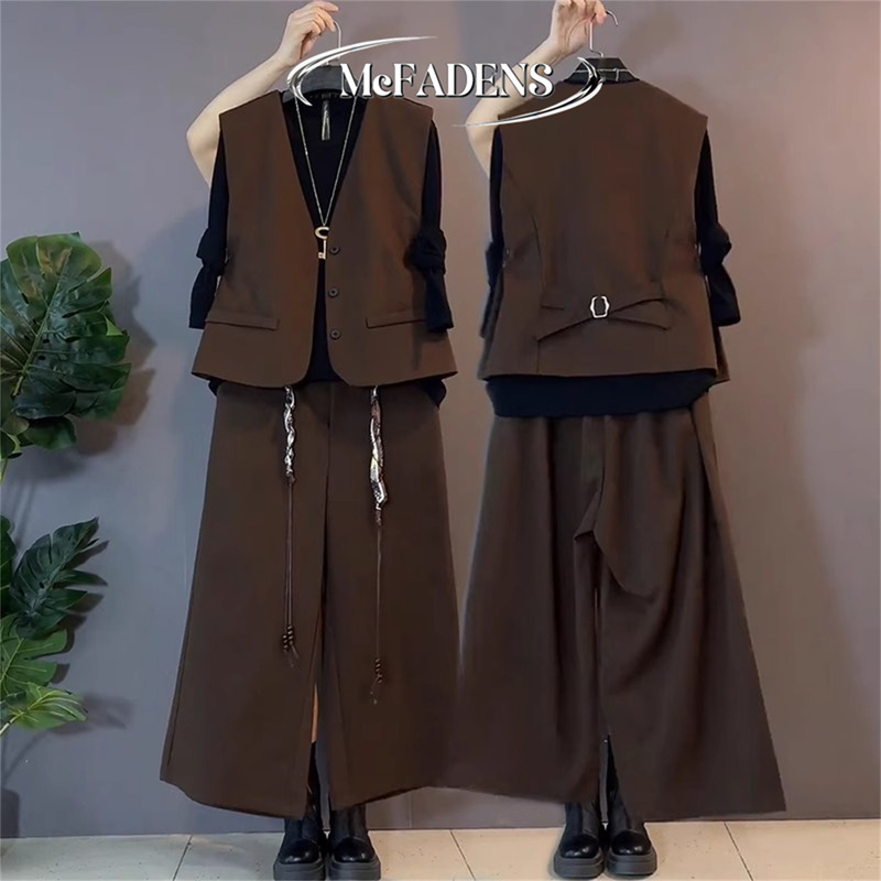 Hong Kong Plus-Size Light Luxury Fashion Commuter Slimming Suit for Chubby Women, Versatile Vest, Blouse, and Wide-Leg Pants Three-Piece Set