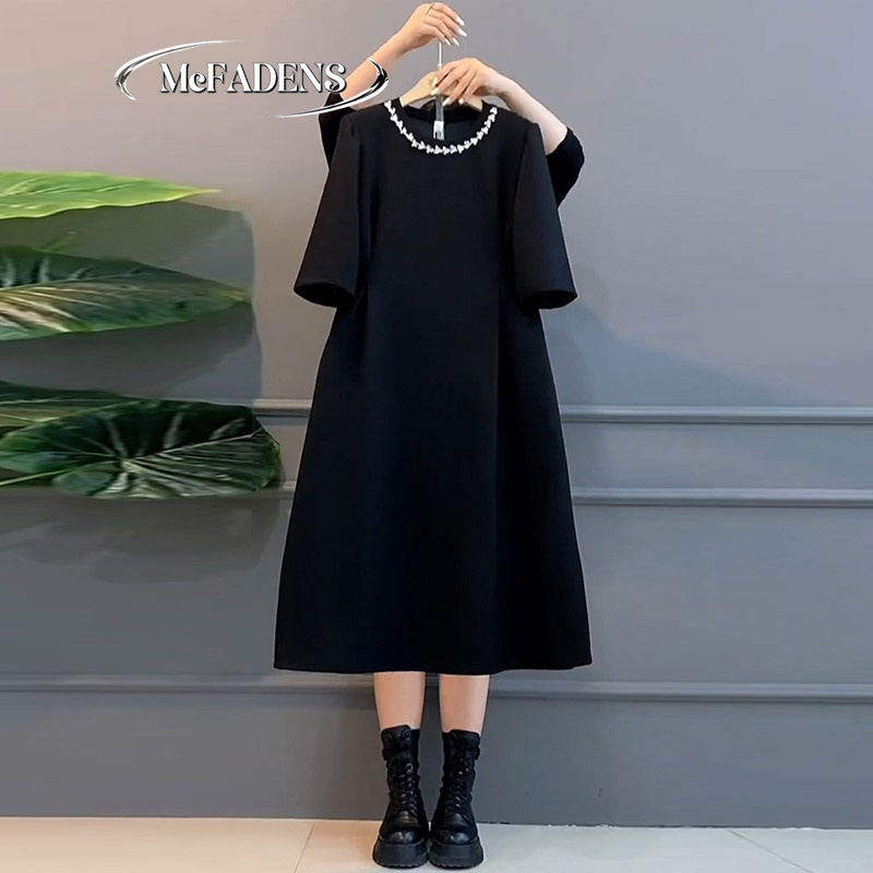 Hong Kong European Style Plus-Size Women's Spring and Summer New Simple and Elegant Dress That Covers the Body, Makes You Look Slimmer, and Has a Heavy-Duty Waist-Cinching Long Skirt in Large Sizes