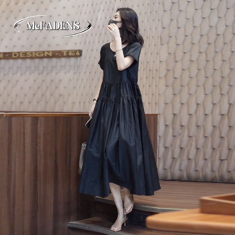 Hong Kong European-Style High-End Black Dress for Women, New Summer Loose-Fitting Plus-Size Dress That Covers the Belly, Looks Younger, Short-Sleeved, Over-The-Knee Long Dress Hong Kong European-Style High-End Black Dress for Women, New Summer Loose-Fitting Plus-Size Dress That Covers the Belly, Looks Younger, Short-Sleeved, Over-The-Knee Long Dress