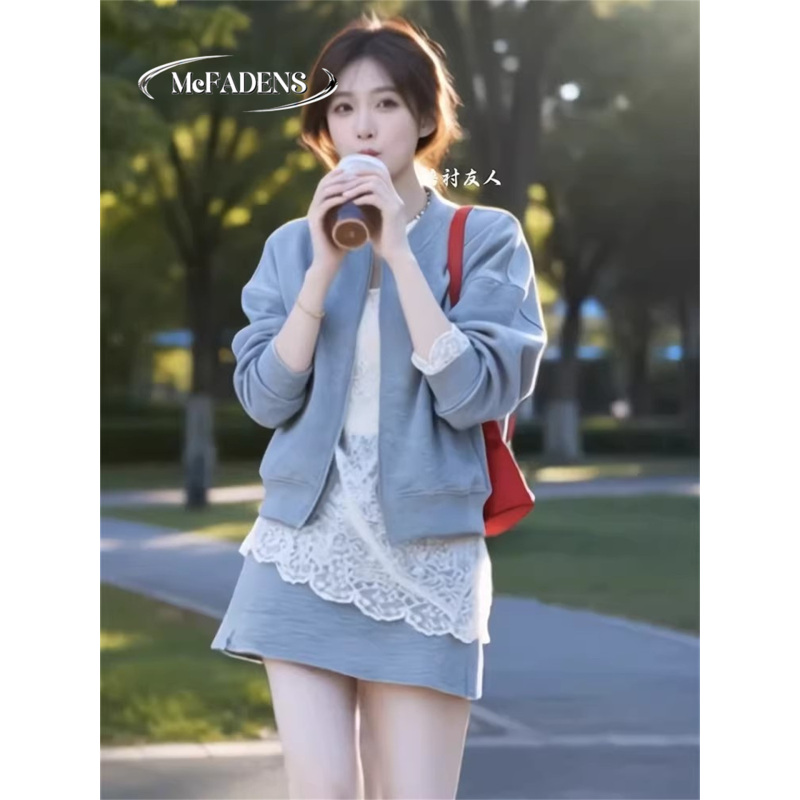 Hong Kong 2026 Spring New Slim-Fit Jacket with Lace Inner Short Skirt, Korean-Style Casual Sports Youthful Set Dress for Women