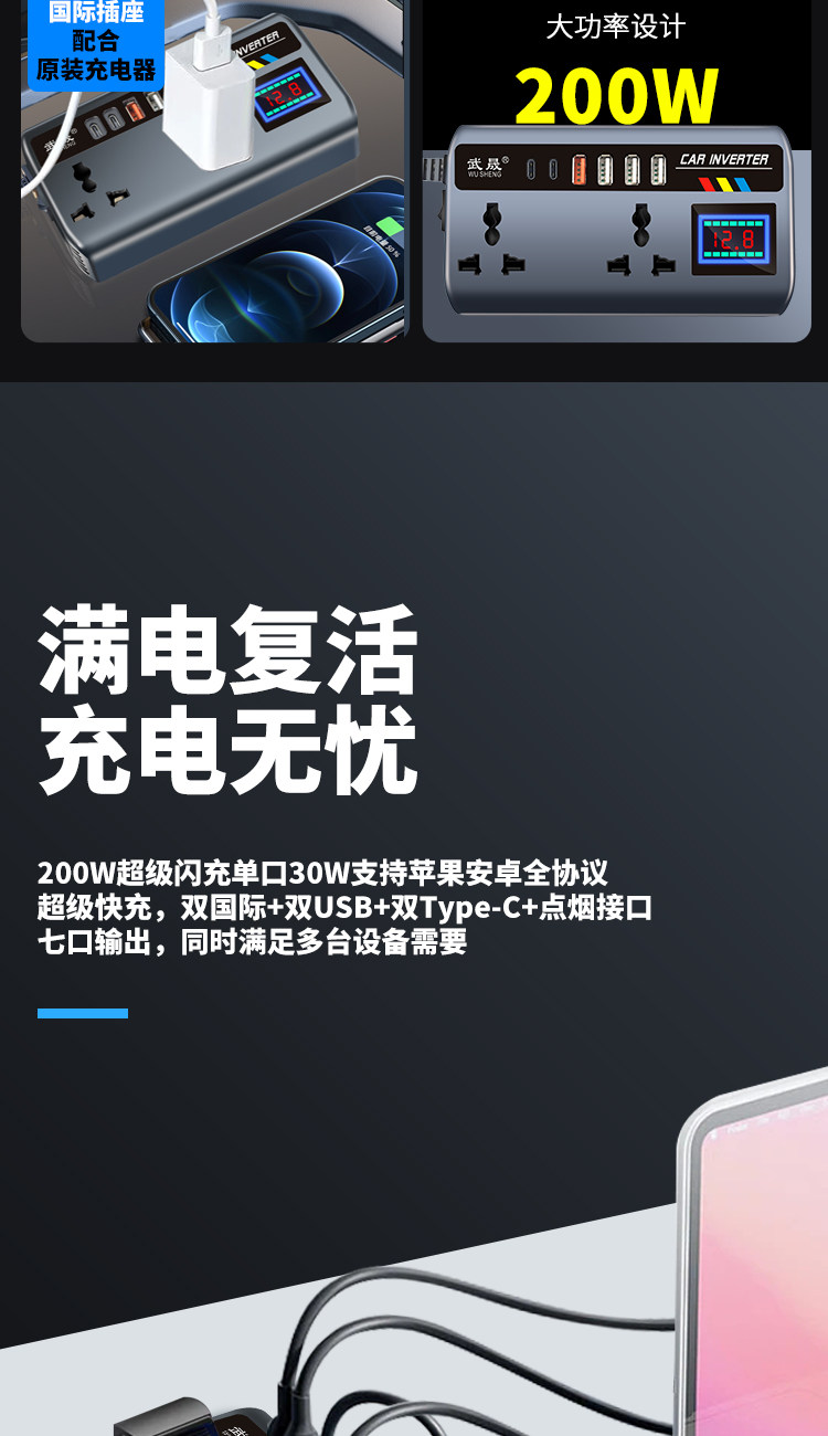 Car Inverter Converter 12V24V to 220V High-Power Multi-Function Charging Cigarette Lighter Fast Charging Source Socket