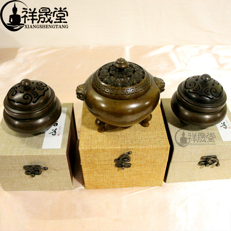 Xiangshengtang monastery incense burner Pure copper home sandalwood stove incense burner Antique for Buddha incense burner three-piece set