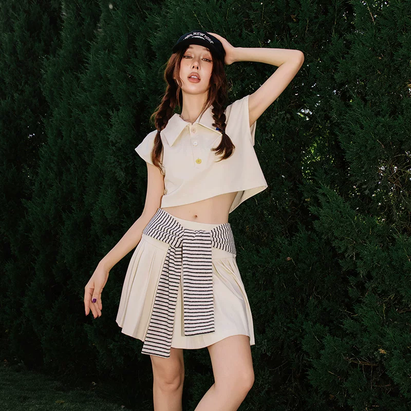 MOODxMIURA Apricot Candy Button Decorative Sleeveless Top Spliced Stripe Skirt for Women 2024 Summer New