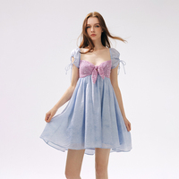 MOODxMIURA blue stitching pink sequin short-sleeved dress sweet pleated backless skirt women's 25 spring and summer new