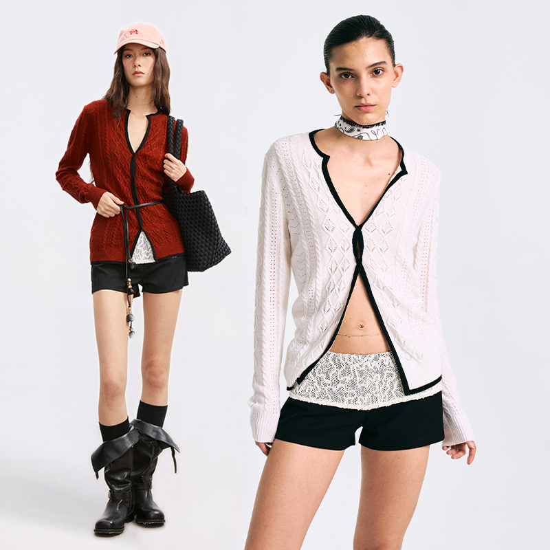 [in Stock] Howwell Hollow Knit Knot Jacket with Contrasting Edges, Long Sleeve Top for Women, Same Style as Erelai Zi