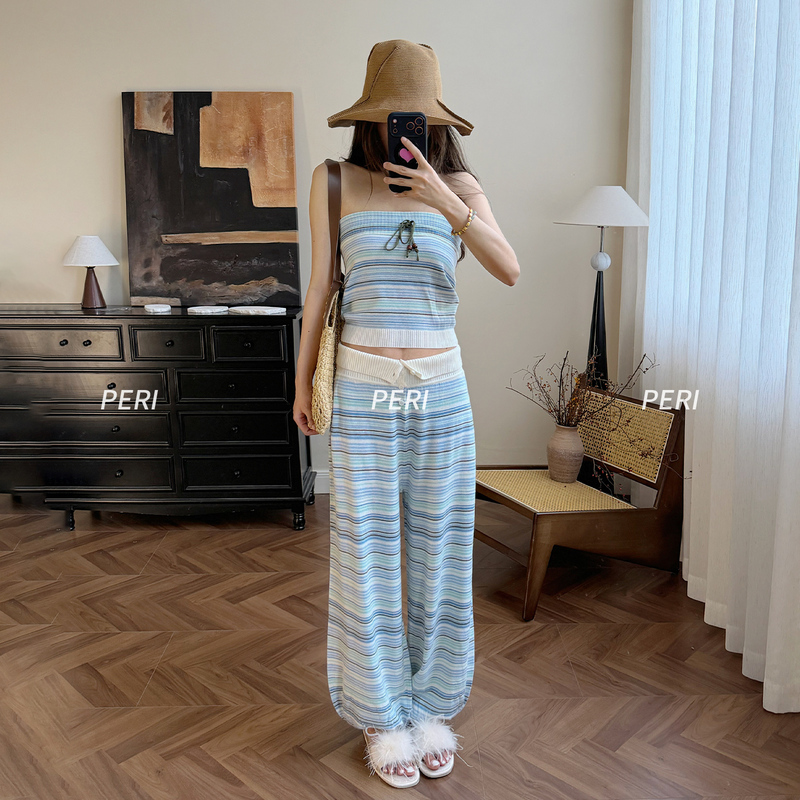 【Purple a Zi Same Style】Howwell Sea Salt Striped Drawstring Knit Tube Top and High-Waisted Lantern Pants Set