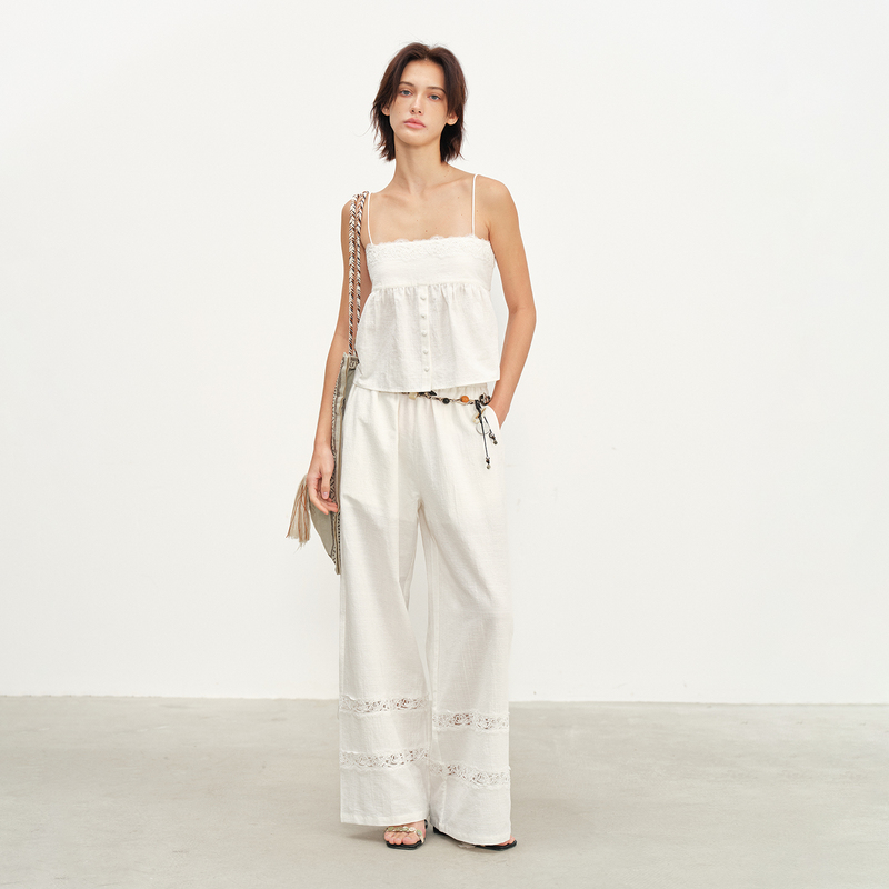 Xu Ruohan Nabi's Same Style Howwell Ruched Three-Dimensional Cut Camisole Top with Lace Splicing and Straight-Leg Pants Set Xu Ruohan Nabi's Same Style Howwell Ruched Three-Dimensional Cut Camisole Top with Lace Splicing and Straight-Leg Pants Set