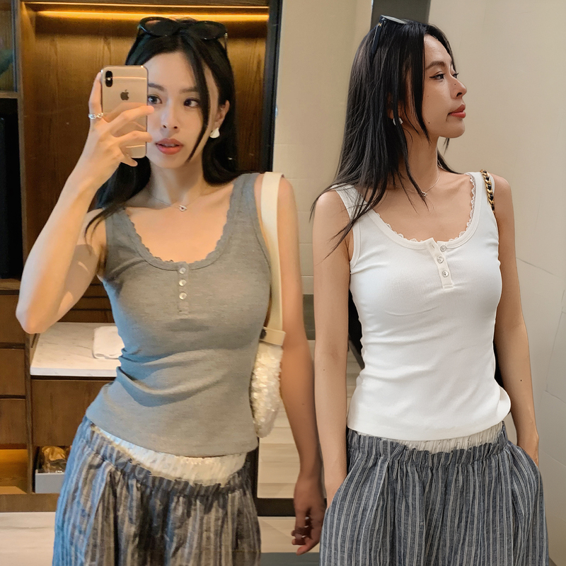 In Stock Square Circle Resort-Style Lace Collar Patchwork Henry Collar Layered Vest for Women 2026 Spring