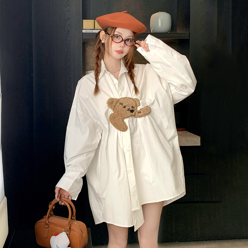 Officially Authorized Minxsusu Teddy Bear Plush Pleated Lapel Long-Sleeved White Shirt Loose Top for Women Spring and Summer New Style