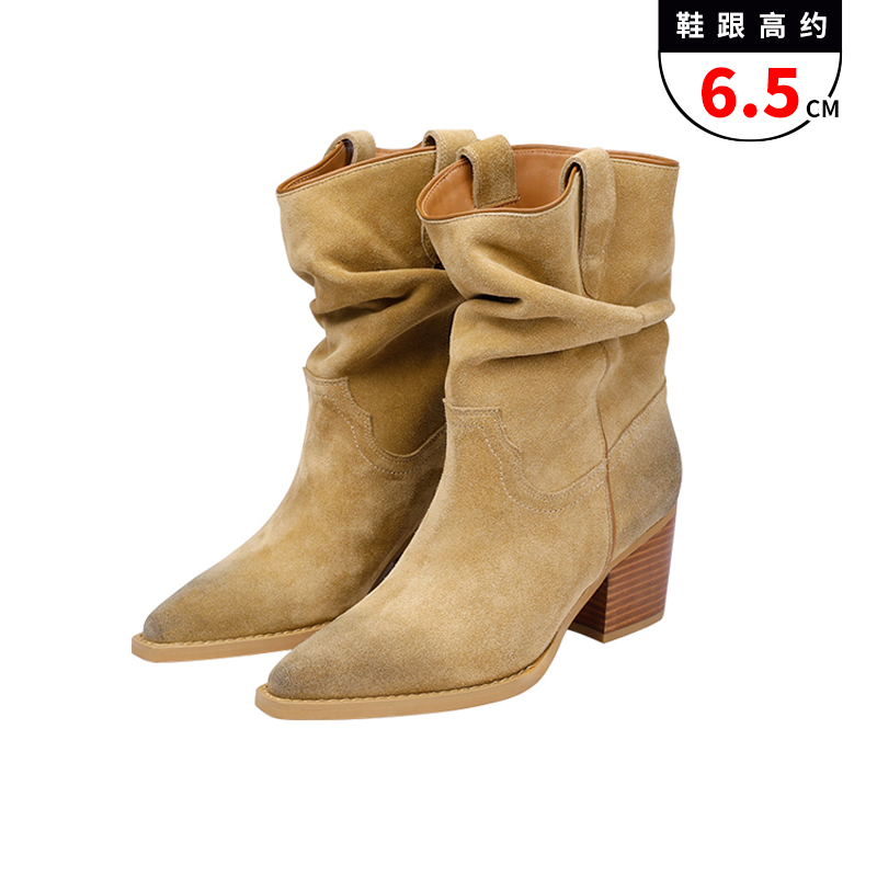 [in Stock] Zhao Lusi's Same Style Boots Breadtree Western Stacked Boots High-Heeled Riding Boots Pointed-Toe Short Boots