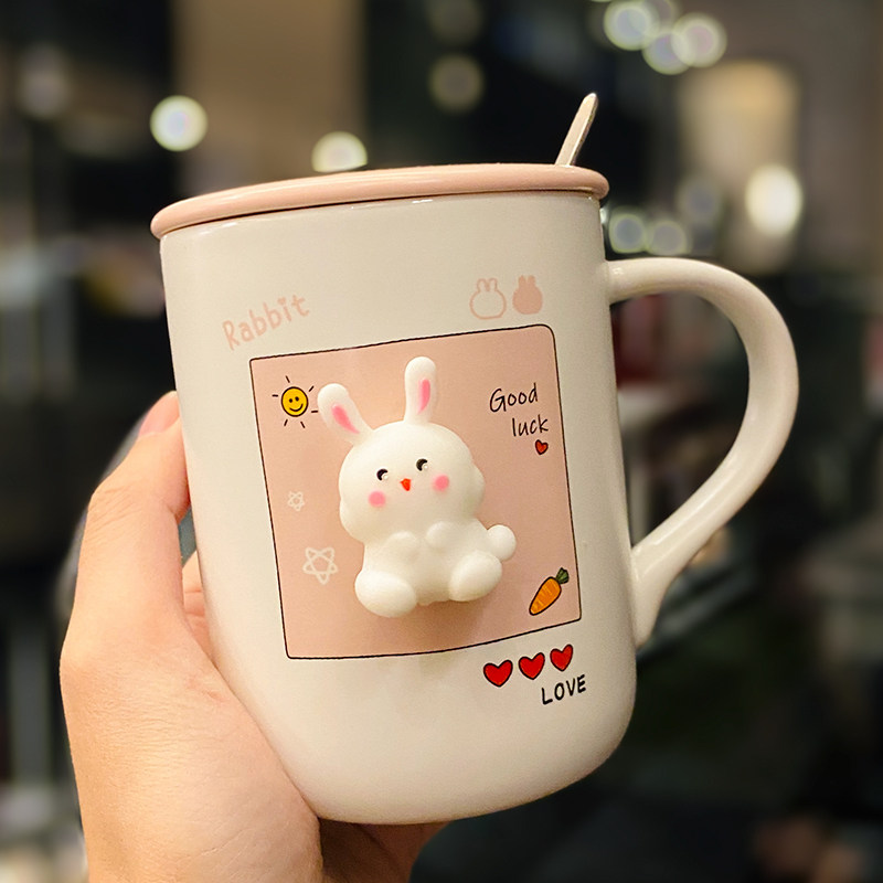 Korean version ins ceramic cup with lid spoon cute pink girl heart mug cartoon water cup breakfast milk cup