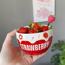 Girl heart strawberry ceramic snack snack bowl Net red salad ice cream super cute three-dimensional breakfast bowl with spoon