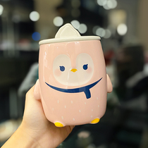 Cartoon cute girl heart Penguin Cup mobile phone holder with cover mug creative student dormitory ceramic water Cup