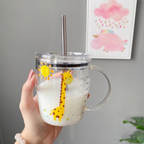 Cute Korean version of high value cartoon childrens glass suction tube cup baby cup with lid scale hand cup anti-fall