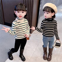 Girls plus velvet striped leggings Winter Kids 2021 New Thick Turtleneck Knit Shirt Baby Sweater Foreign Atmosphere