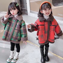 Girls coat winter baby girl plus fleece thick plaid top foreign flavor childrens fur integrated lamb hair jacket