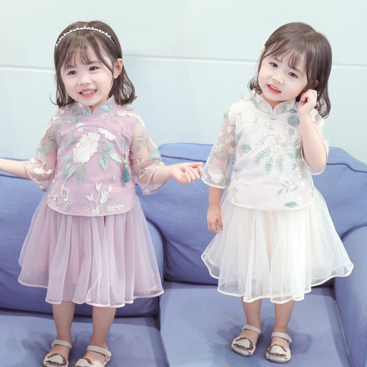Female Baby Spring Autumn Ocean Dress Foreign Pie Girl Retro Qipao Skirt Boy Name Group Wind Down Dress 61 Performance Dress