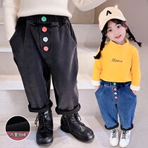Girls plus plush daddy pants winter baby girl 2021 new thick denim pants foreign air childrens warm pants