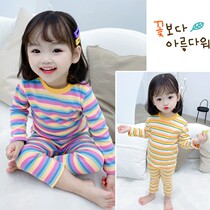 Childrens plush lingerie set for girls Childrens new high-waisted thick striped pajamas Baby Girl Winter Fall Pants